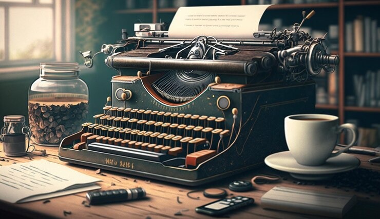 Máquina de escribir vintage sobre un escritorio de madera junto a una taza de café